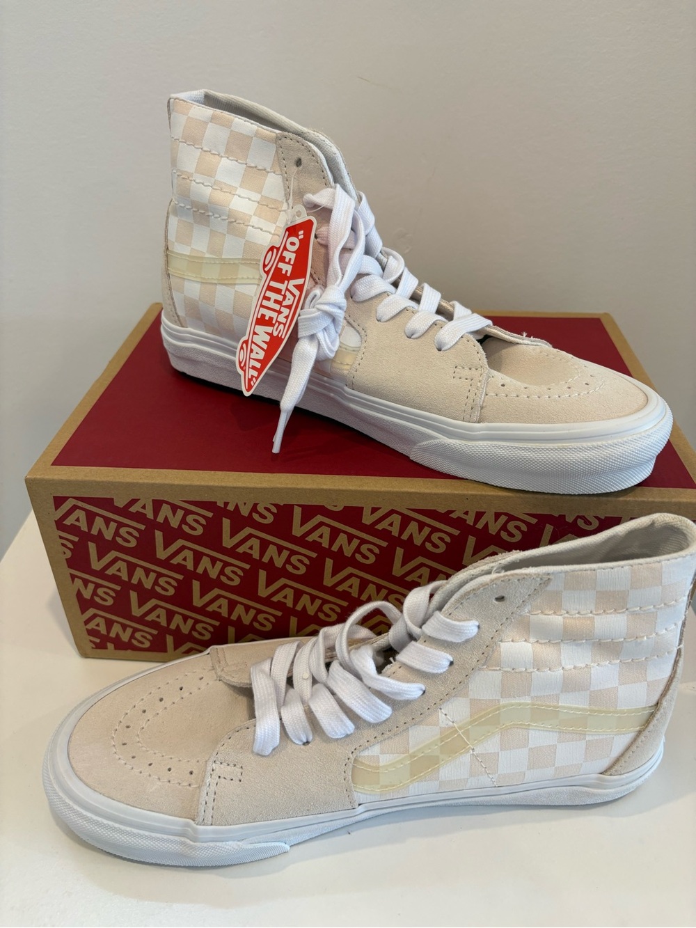 Vans Women’s Cream & White Checkerboard Sk8-Hi High Top Sneakers